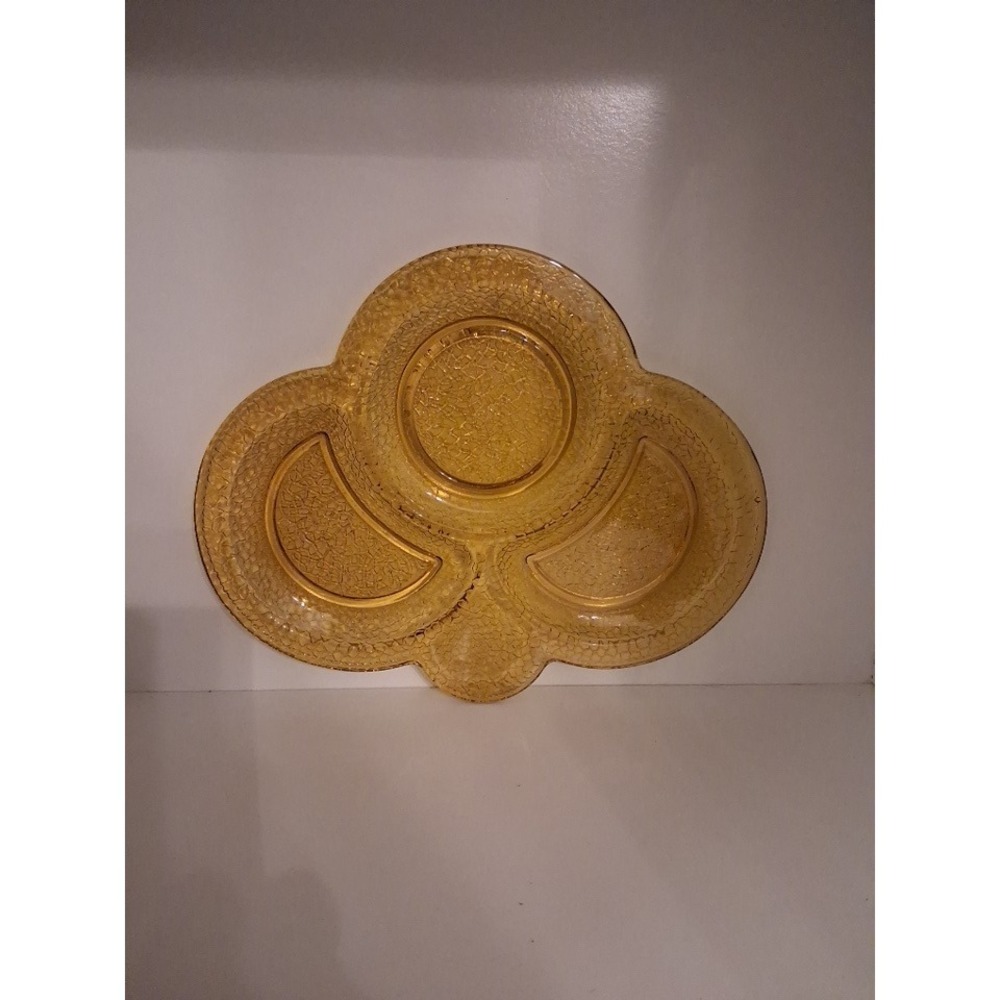 Vintage Amber Crackle Glass Divided Serving Dish Scalloped 3 Section Relish Tray